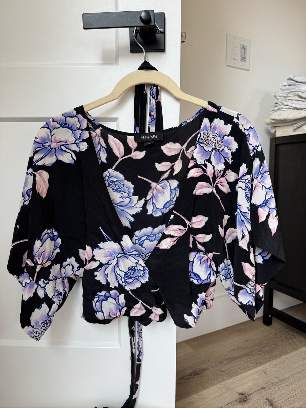 Yumi Kim Black Floral Wrap Crop Top - Pink & Lavender Flowers